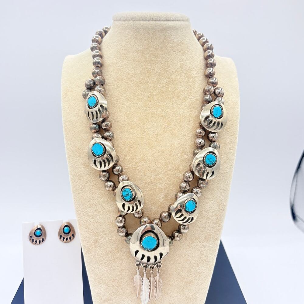 Vintage Navajo‑Style Bear Paw Necklace & Earrings Set, Turquoise, Silver‑Tone